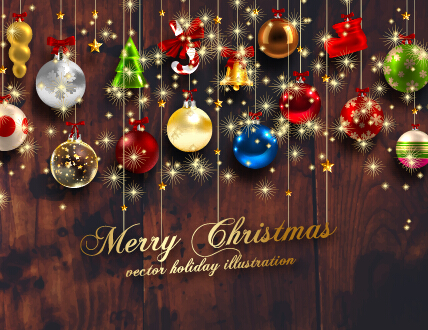 2015 Christmas baubles with dark wood background vector 03 dark wood christmas baubles background 2015   