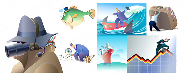 Cartoon Business illustration vector graphic ships shark people money magnifying glass lines infographicswaves infographicsbox fish finance earphone curves business   