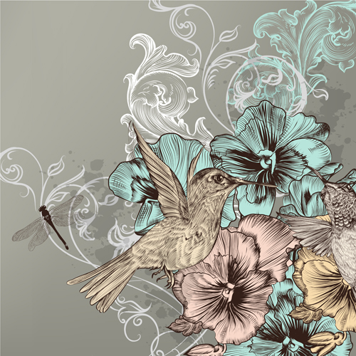 Vintage flower and birds background art vector 03 vintage flower birds background   