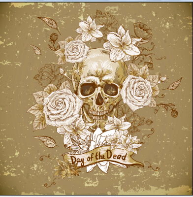 Retro skull with flower vector material 02 vector material skull Retro font material flower   