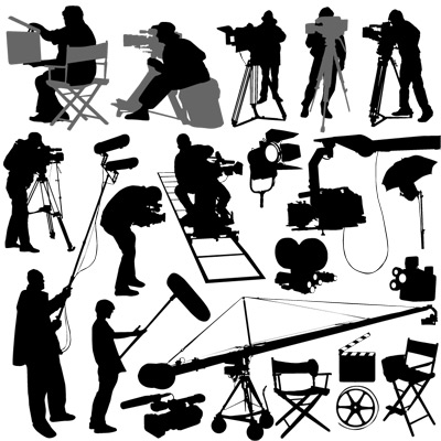 Film elements with People vector graphic TAKE lights film director chair director cameras cameraman silhouette   