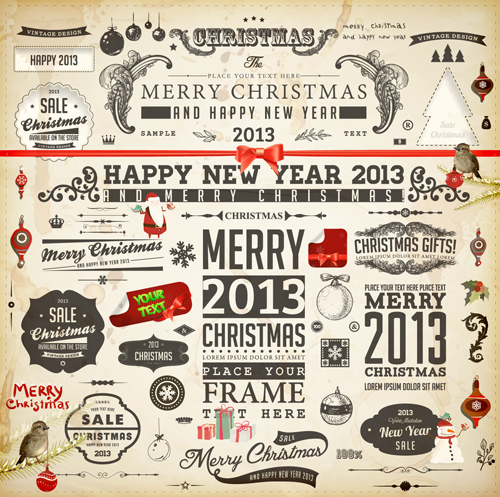 Vintage Christmas and New Year 2013 Ornaments vector 01 vintage ornaments ornament new year christmas 2013   