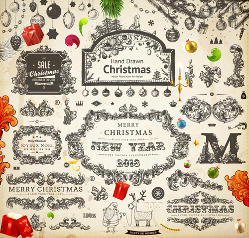 Vintage Christmas and New Year 2013 Ornaments vector 06 vintage ornaments ornament new year christmas 2013   