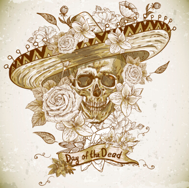 Retro skull with flower vector material 03 vector material skull Retro font material flower   