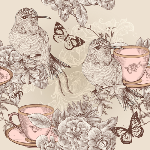 Vintage flower and birds background art vector 02 vintage flower birds background   