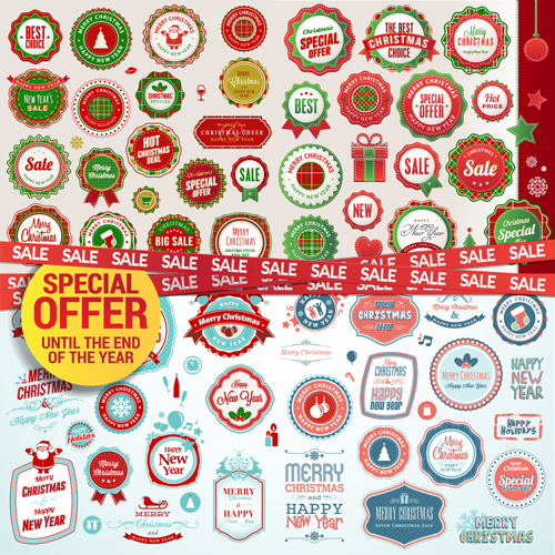 Badges with labels christmas retro vector labels christmas   