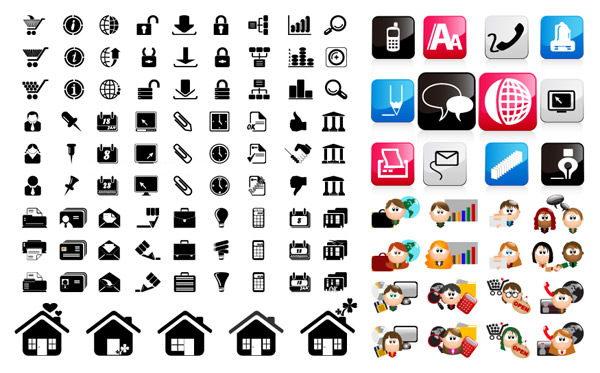 Three sets of Icon vector shake hands review monitor mobile phone mail gesture figure character calendar   