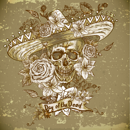 Retro skull with flower vector material 04 vector material skull Retro font flower   