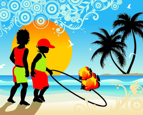 Palm trees with boys travel background vector travel palm trees boys background vector background   