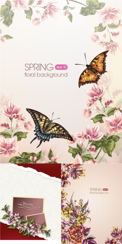 Romantic spring floral with butterflies background vector spring romantic floral butterflies   