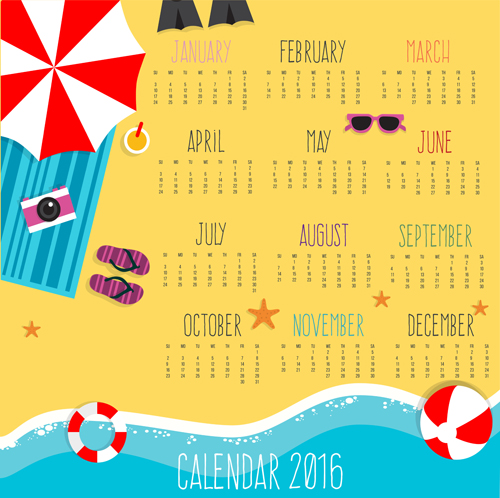 Summer holiday styles Calendar 2016 vector summer holiday calendar 2016   