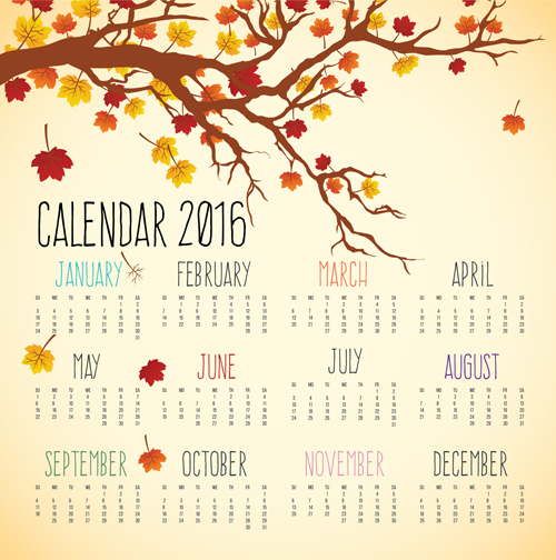 Autumn styles Calendar 2016 vector calendar autumn 2016   