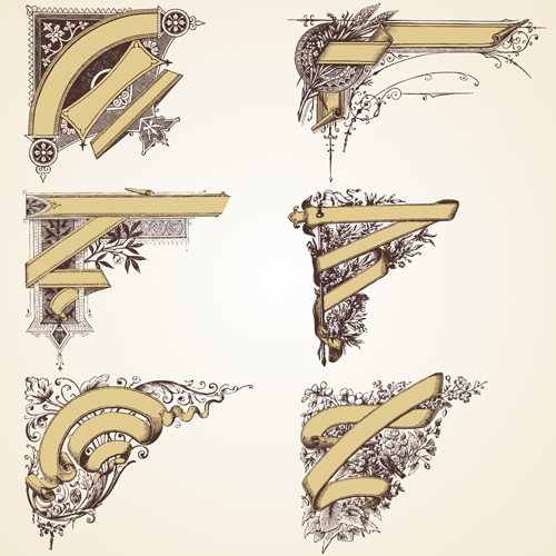 Ribbons with floral decor retro vector 02 ribbons Retro font floral decor   