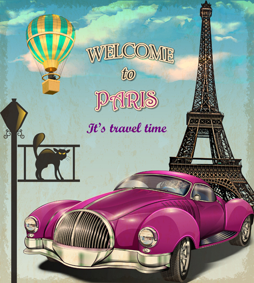 Vintage car with travel poster vector set 02 vintage travel poster car   