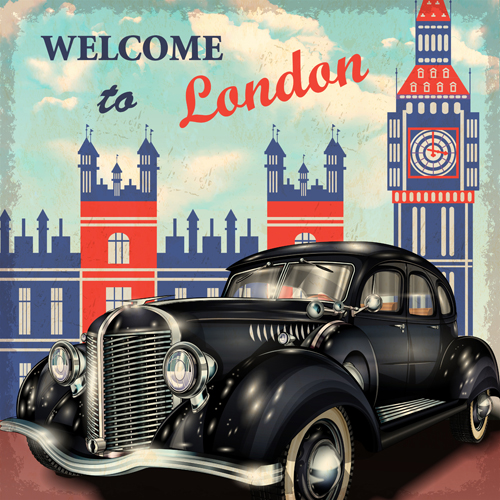 Vintage car with travel poster vector set 04 vintage travel poster car   