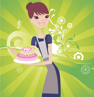Cake with woman vector wearing an apron woman vector characters happy EPS format cartoon characters cake woman   