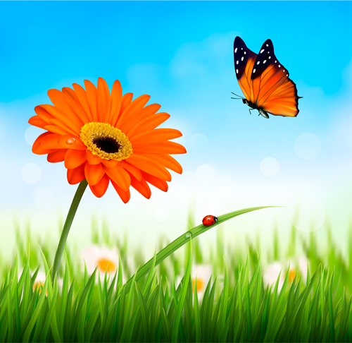 Summer grass with flower and butterfly background vector 01 summer grass flower butterfly background   