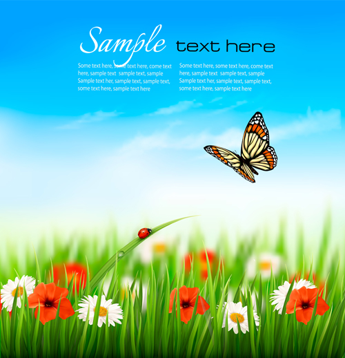 Summer grass with flower and butterfly background vector 02 summer grass flower butterfly background   