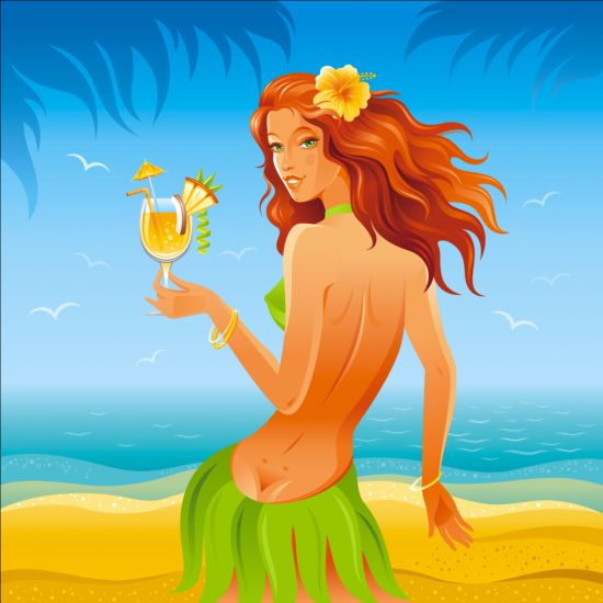 Beautiful girl with summer beach background vector 01 summer girl beautiful beach background   