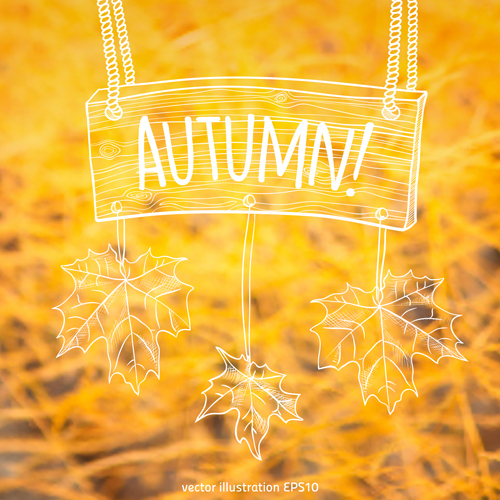 Hand drawn autumn elements with blurs background vector 07 hand elements drawn blurs background autumn   