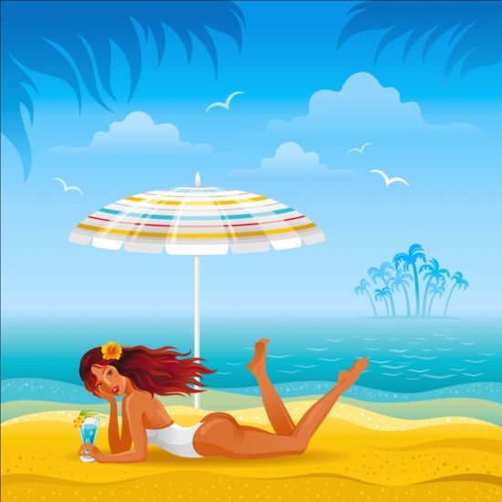 Beautiful girl with summer beach background vector 09 summer girl beautiful beach background   