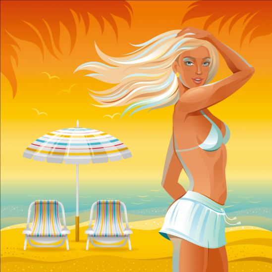 Beautiful girl with summer beach background vector 08 summer girl beautiful beach background   