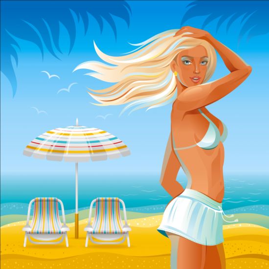 Beautiful girl with summer beach background vector 06 summer girl beautiful beach background   
