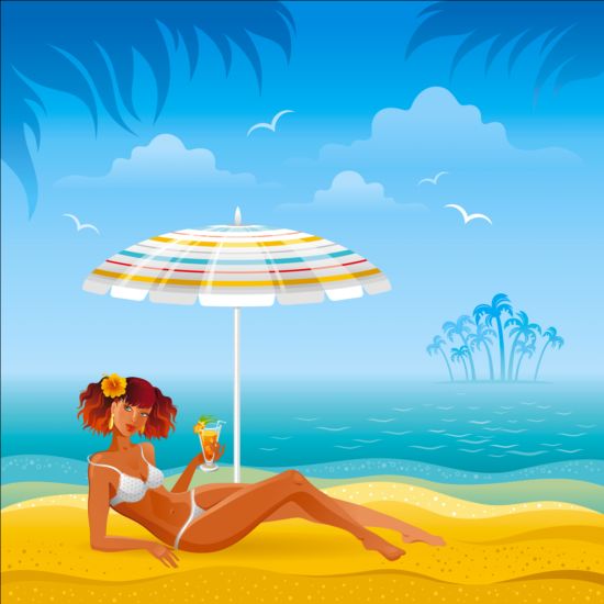 Beautiful girl with summer beach background vector 05 summer girl beautiful beach background   