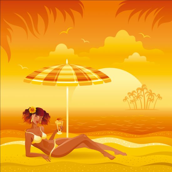 Beautiful girl with summer beach background vector 04 summer girl beautiful beach background   