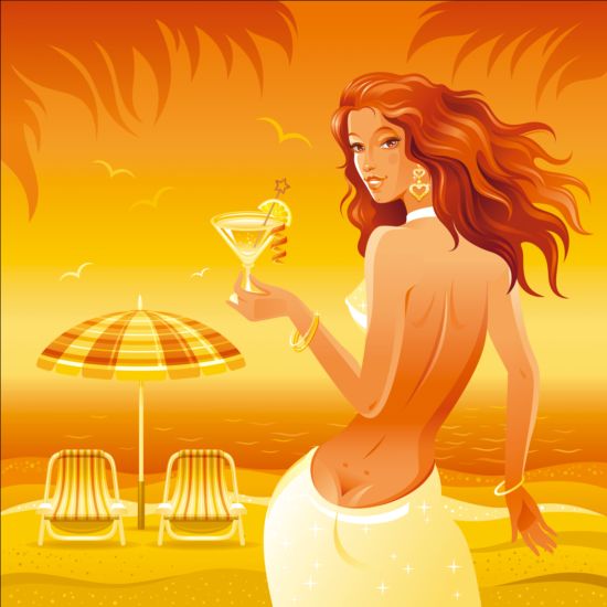 Beautiful girl with summer beach background vector 03 summer girl beautiful beach background   