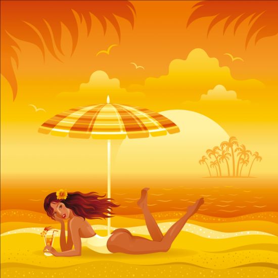 Beautiful girl with summer beach background vector 02 summer girl beautiful beach background   
