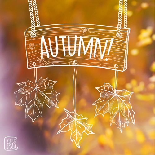 Hand drawn autumn elements with blurs background vector 01 hand elements drawn blurs background autumn   