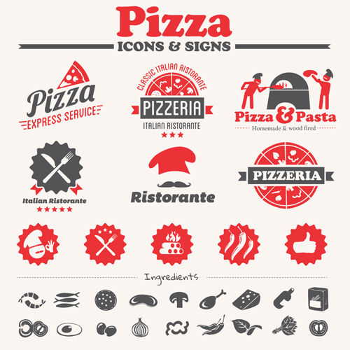 Vintage pizza icons with logos vector vintage pizza logos icons   