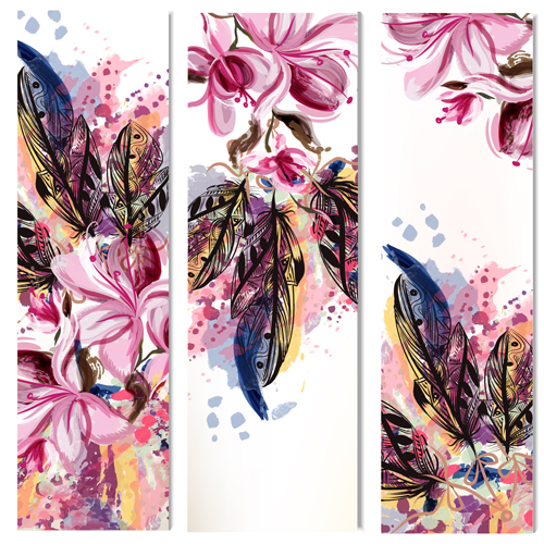 Hand drawn magnolia flowers and feathers banners vector magnolia hand flowers feathers drawn banners   