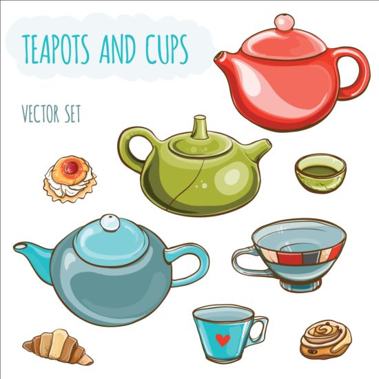 Different teapots and cups vectors teapots different cups   