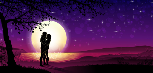 Lovers silhouette with moon and tree vector 02 silhouette moon lovers   