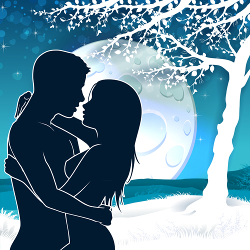 Lovers silhouette with moon and tree vector 01 silhouette moon lovers   