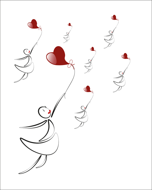 lover boy and girl with red heart balloons hand drawing vectors 08 red lover heart hand girl drawing boy balloons   