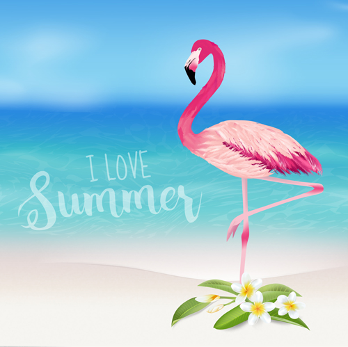 Sea and plumeria with flamingo background vector 01 sea plumeria flamingo background   