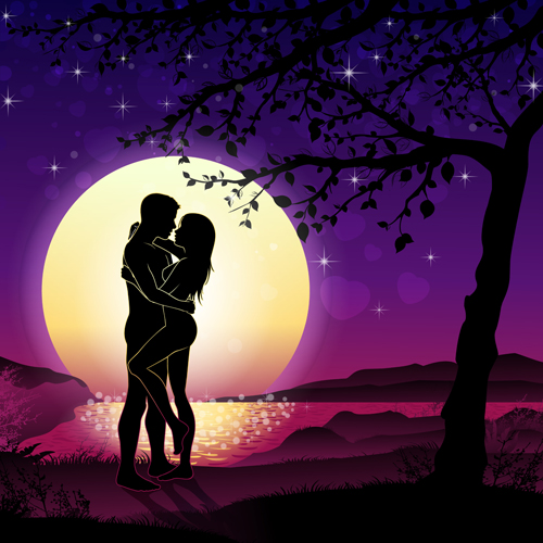 Lovers silhouette with moon and tree vector 06 silhouette moon lovers   