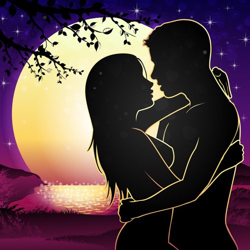 Lovers silhouette with moon and tree vector 05 silhouette moon lovers   