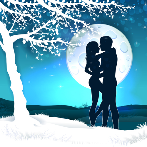 Lovers silhouette with moon and tree vector 04 silhouette moon lovers   