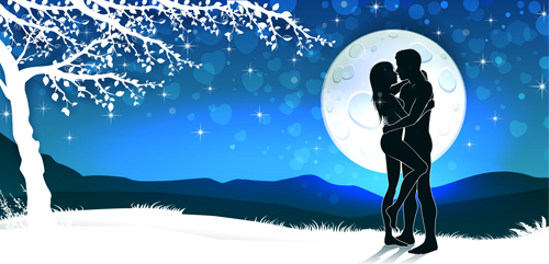 Lovers silhouette with moon and tree vector 03 silhouette moon lovers   