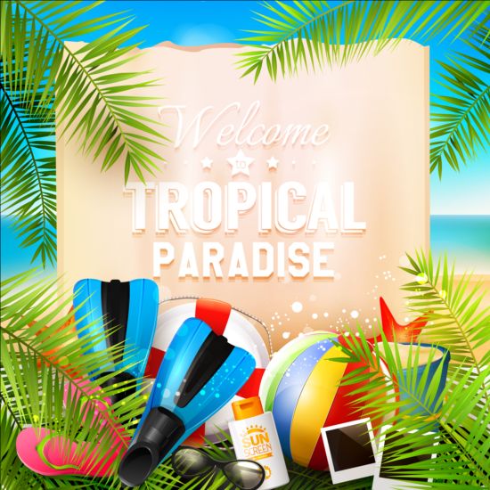 Tropical paradise summer holiday and paper background vector 05 tropical summer paradise paper holiday background   