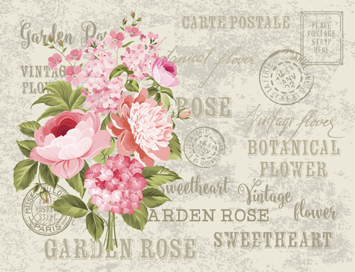 Flower with stamp vintage vectors material 05 vintage stamp material flower   