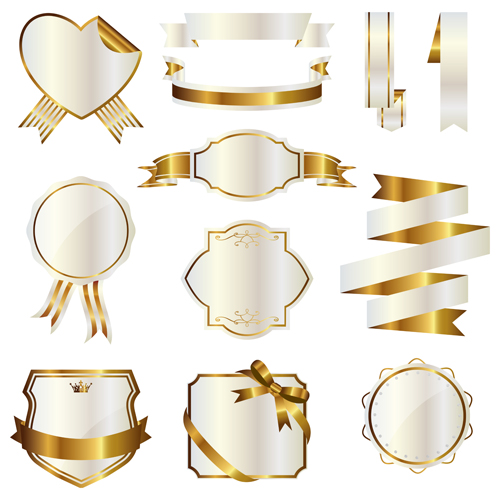White with golden ribbon and labels vintage vector 10 white ribbon labels golden   