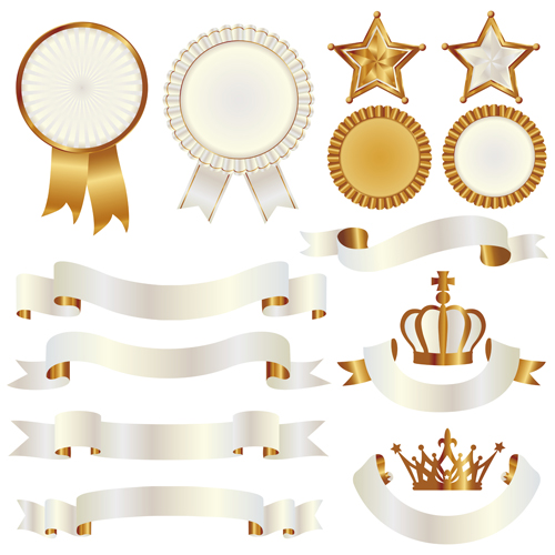 White with golden ribbon and labels vintage vector 08 white ribbon labels golden   