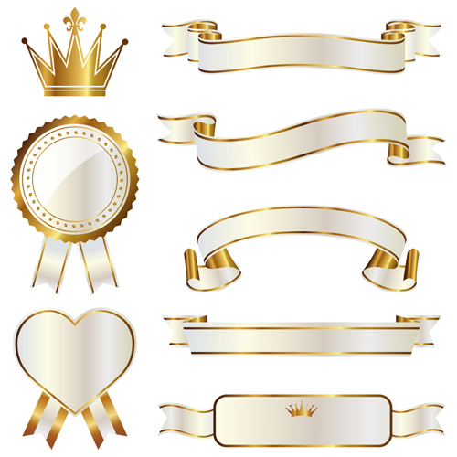 White with golden ribbon and labels vintage vector 07 white ribbon labels golden   