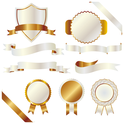 White with golden ribbon and labels vintage vector 06 white ribbon labels golden   