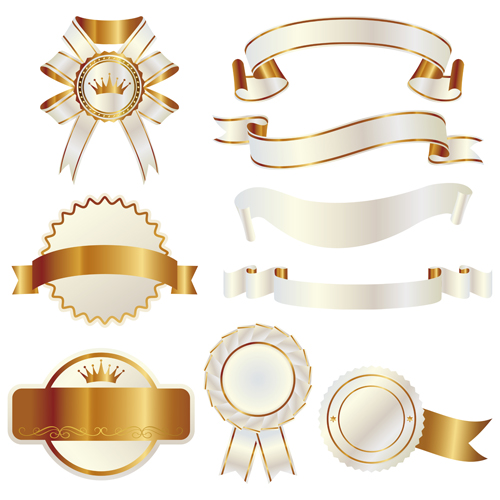 White with golden ribbon and labels vintage vector 05 white ribbon labels golden   